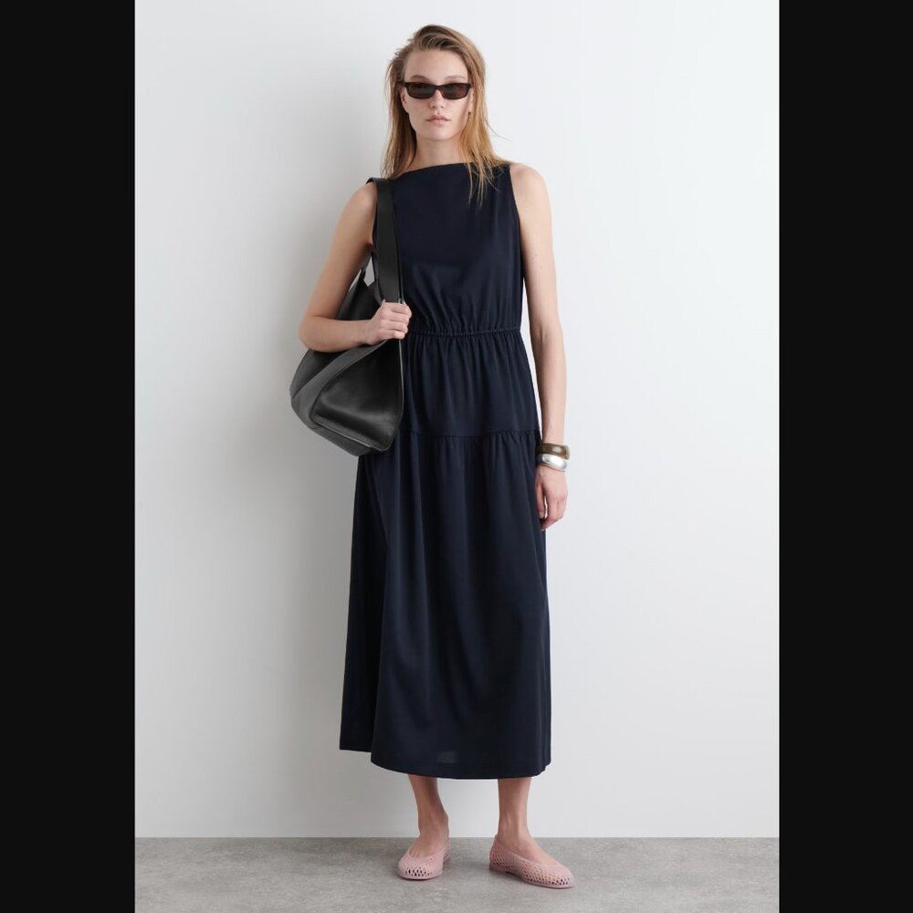 NWT COS Boat-Neck Gathered Midi Dress in Navy